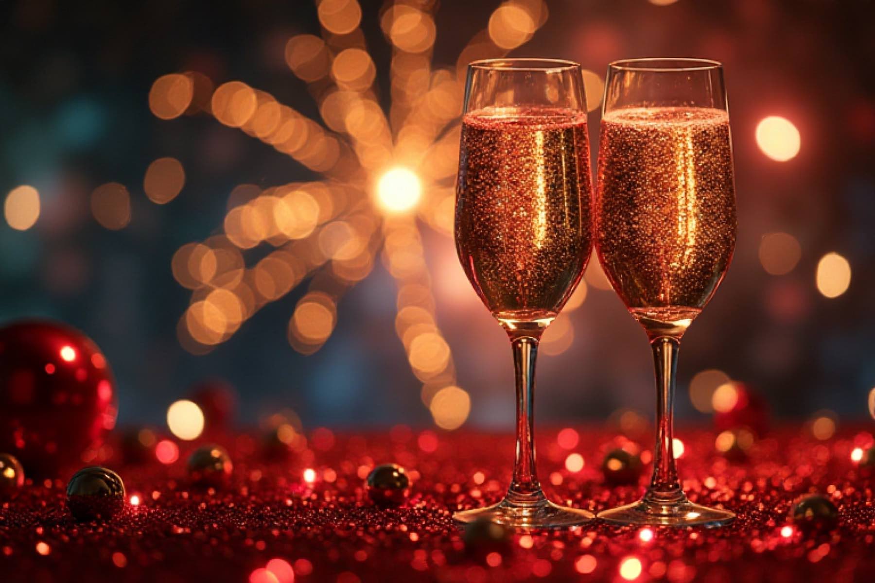 花火を背景にするスパークリングワインの入った2つのグラスの写真